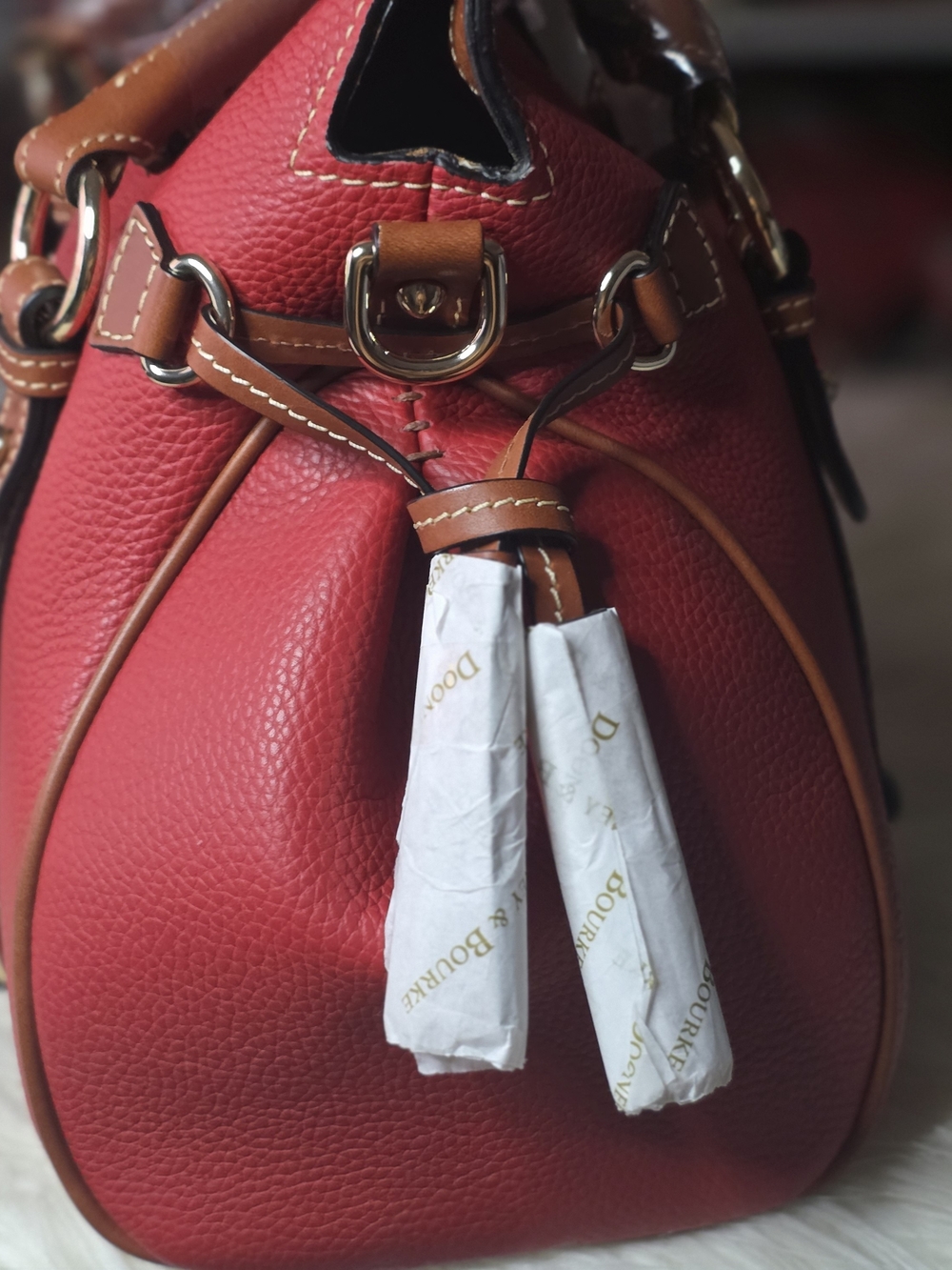 Dooney & Bourke Red Pebble Leather Satchel with Tan Trim and Gold Hardware - Picture 3 of 8